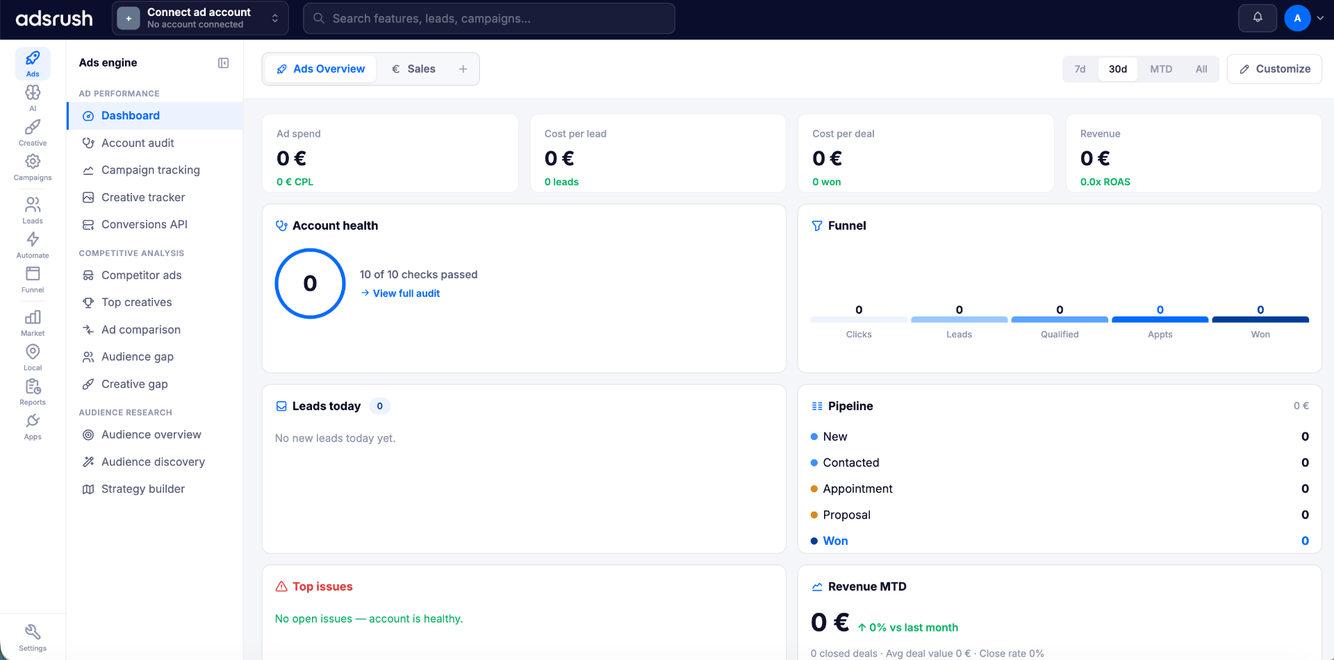 adsrush Dashboard für Meta- und Google-Ads mit KI